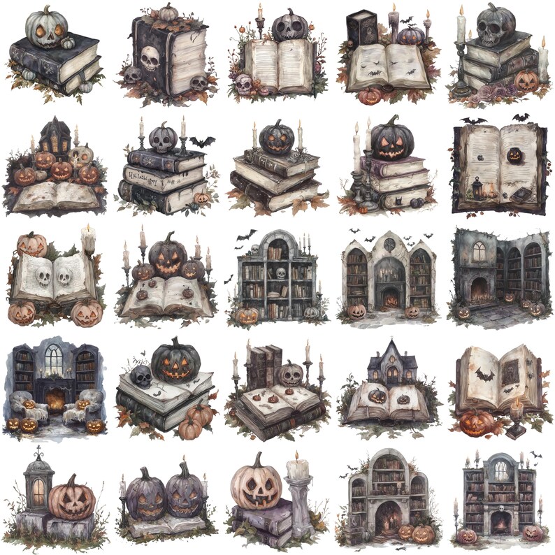 May include: A collection of watercolour illustrations featuring Halloween imagery. The images depict stacks of books, pumpkins, candles, and skulls. The style is vintage and spooky, with open books, bats, and gothic architecture. The colour palette includes orange, brown, and grey.