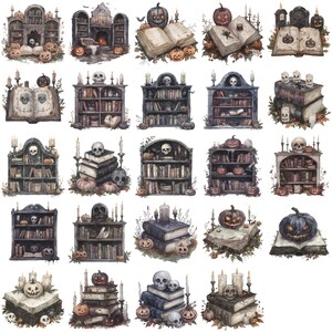 May include: A series of watercolour illustrations depicting Halloween-themed bookshelves, stacks of books, pumpkins, skulls, and candles. The illustrations have a vintage, gothic aesthetic, ideal for spooky decor or crafts.