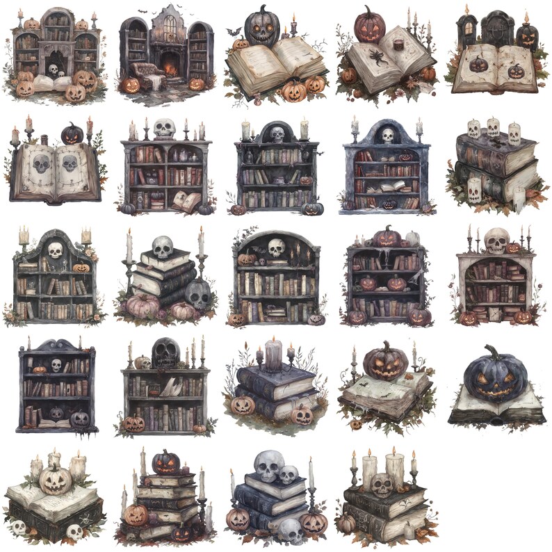 May include: A series of watercolour illustrations depicting Halloween-themed bookshelves, stacks of books, pumpkins, skulls, and candles. The illustrations have a vintage, gothic aesthetic, ideal for spooky decor or crafts.