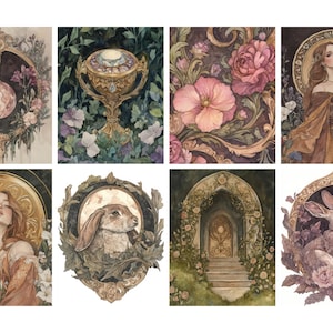 May include: A collection of eight watercolor illustrations with a fantasy theme. The images feature ornate frames, a jeweled chalice, floral arrangements, and portraits of women and a rabbit. The color palette includes soft pinks, greens, and golds.