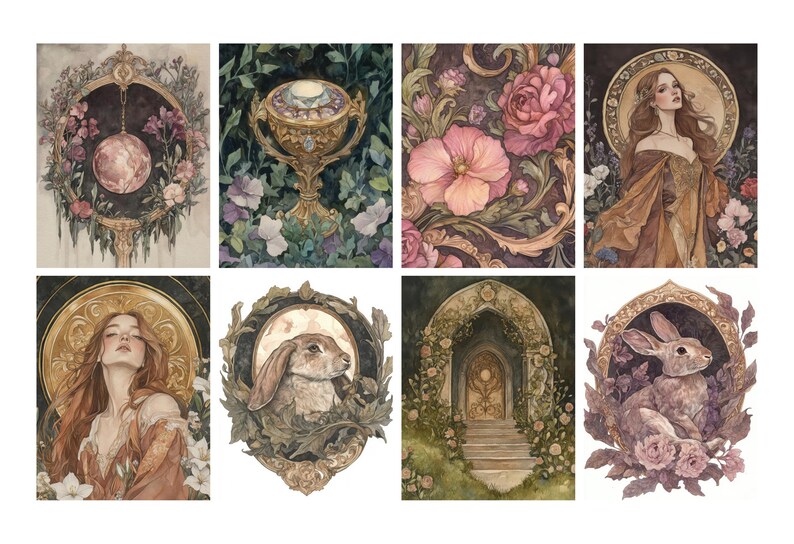 May include: A collection of eight watercolor illustrations with a fantasy theme. The images feature ornate frames, a jeweled chalice, floral arrangements, and portraits of women and a rabbit. The color palette includes soft pinks, greens, and golds.