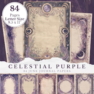 May include: Celestial Purple junk journal papers. The papers feature a celestial design with moons, stars, and floral elements in shades of purple and beige. The papers are letter size, 8.5 x 11 inches, and include 84 pages.