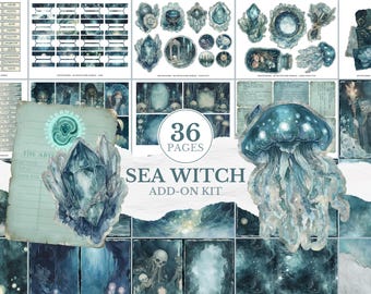 Sea Witch Junk Journal Add-On Kit, Mermaid Ephemera Pack, Ocean Witch Cards & Labels