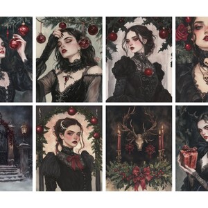May include: A collection of eight watercolor paintings featuring gothic-inspired portraits. Each portrait showcases a woman in dark attire, adorned with Christmas ornaments and decorative elements. The artwork evokes a dark, festive theme.