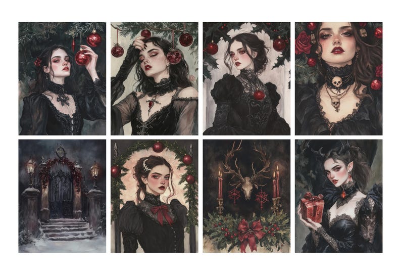 May include: A collection of eight watercolor paintings featuring gothic-inspired portraits. Each portrait showcases a woman in dark attire, adorned with Christmas ornaments and decorative elements. The artwork evokes a dark, festive theme.