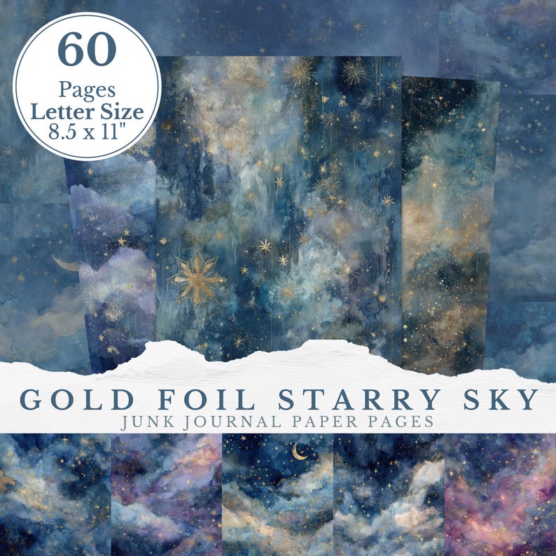 Watercolor Celestial Scrapbook Paper Digital Background Starry Sky Junk ...