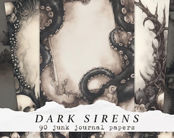 Papiers de journal indésirable sirène sombre, arrière-plans de scrapbooking gothique macabre sorcière de la mer, écriture de remplissage de ferraille imprimable numérique horreur nautique