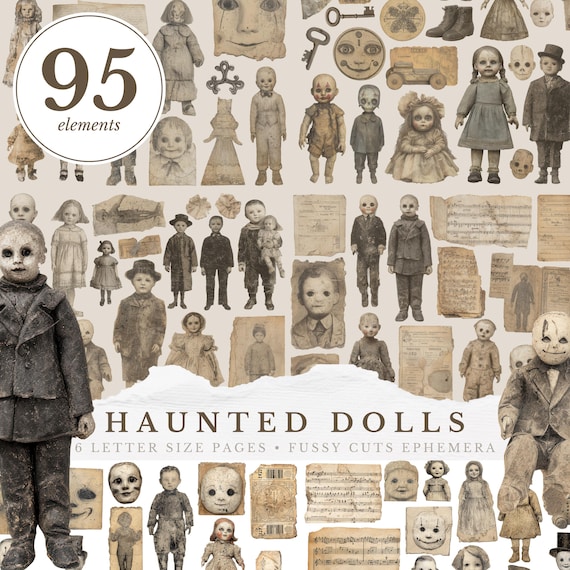 Haunted Dolls Junk Journal Ephemera, Creepy Doll Fussy Cuts, Eerie Spooky Antique Victorian Gothic Halloween Scrapbook Printables
