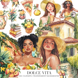 Italiaanse zomer clipartbundel, mediterrane esthetiek PNG, Amalfikust illustraties, Sicilië reiskunst, Toscaanse villa aquarelafbeeldingen