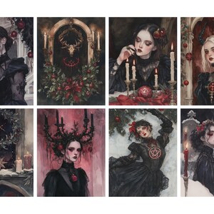 May include: A collection of eight gothic-themed art prints. Each print features a woman in dark attire, often with candles, wreaths, and other decorative elements. The color palette is dominated by blacks, reds, and whites.
