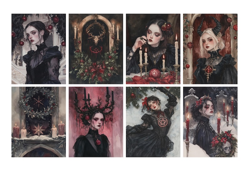 May include: A collection of eight gothic-themed art prints. Each print features a woman in dark attire, often with candles, wreaths, and other decorative elements. The color palette is dominated by blacks, reds, and whites.