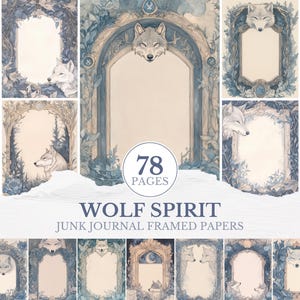 Könnte beinhalten: Eine Sammlung von Papieren im Aquarellstil mit Rahmen zum Thema Wolf. Die Rahmen sind in Blau- und Beigetönen gehalten und zeigen Wolfsillustrationen und florale Akzente. Der Text "WOLF SPIRIT" und "78 PAGES" ist ebenfalls sichtbar.