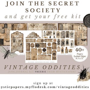 May include: Promotional image for a vintage junk journal kit. The design features a collection of aged paper ephemera, including tags, labels, and illustrations of insects and botanical elements. Text includes "Join the Secret Society" and "Vintage Oddities". The kit contains 40+ pages, letter size 8.5 x 11 inches.