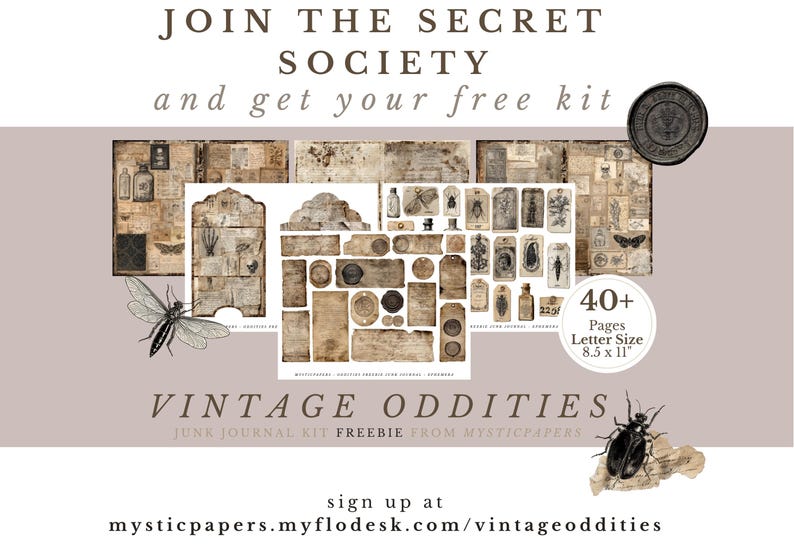 May include: Promotional image for a vintage junk journal kit. The design features a collection of aged paper ephemera, including tags, labels, and illustrations of insects and botanical elements. Text includes "Join the Secret Society" and "Vintage Oddities". The kit contains 40+ pages, letter size 8.5 x 11 inches.