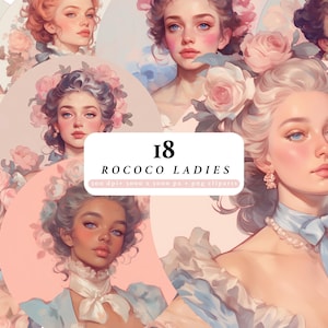 ロココ調の女性の肖像画のクリップアート、摂政時代のマリー・アントワネットのクリップアート、バロック調の女性 PNG、パステル調のロココ調のジャンクジャーナルの要素、ヴィンテージの女性