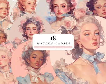 Rococo Ladies Portrait Clipart, Regency Era Marie Antoinette Clip Art, Baroque Lady Png, Pastel Rococo Junk Journal Elements, Vintage Lady