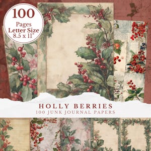 Può includere: Una collezione di carte per junk journal in stile vintage. Le carte presentano illustrazioni di bacche di agrifoglio con bacche rosse e foglie verdi. Il testo sull'immagine recita "100 Pagine Formato Lettera 21,6 x 27,9 cm" e "HOLLY BERRIES 100 JUNK JOURNAL PAPERS."