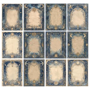May include: A collection of twelve celestial-themed stationery sheets. Each sheet features a blue and gold border with moons, stars, and suns. The inner space is a parchment color, perfect for writing or drawing. The overall design has a vintage, mystical aesthetic.