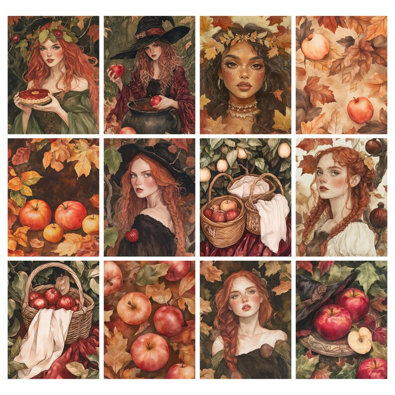 May include: A collage of watercolor illustrations featuring women with red hair, apples, and autumn leaves. Some images show women holding apples or baskets of apples, while others depict close-ups of apples and foliage. The color palette includes warm tones of red, orange, and brown.
