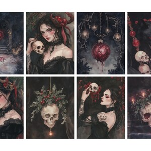 May include: A collection of eight gothic art prints. Each print features dark, atmospheric scenes with skulls, women, and holiday-themed elements like ornaments and holly. The color palette is dominated by blacks, reds, and grays.
