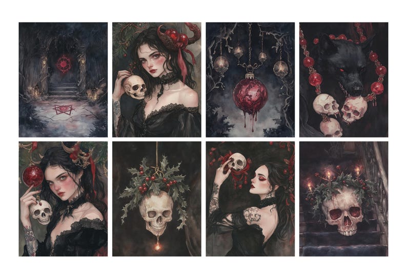 May include: A collection of eight gothic art prints. Each print features dark, atmospheric scenes with skulls, women, and holiday-themed elements like ornaments and holly. The color palette is dominated by blacks, reds, and grays.