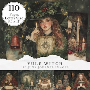 Peut inclure: Collection d'images de journal intime "Yule Witch". L'image principale présente une femme portant un chapeau de sorcière tenant une bougie et un livre encadré. Le texte indique "110 Pages Format Lettre 21,6 x 27,9 cm".