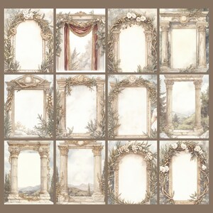 May include: A collection of twelve watercolor illustrations of ornate archways and frames. Each frame features classical architectural elements, floral garlands, and decorative details in shades of beige, gold, and green. The frames are set against a soft, watercolor background.