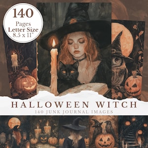 Puede incluir: Colección de imágenes de diario basura con temática de Halloween. La imagen principal presenta una bruja con un gato negro, una vela encendida y un sombrero de bruja. El texto dice "140 Páginas Tamaño Carta 21,6 x 27,9 cm".