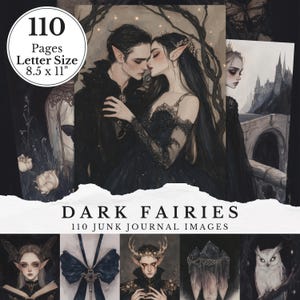 May include: A collection of "Dark Fairies" junk journal images. The images feature gothic fantasy art with dark color palettes. The journal pages are letter size, 8.5 x 11 inches, and include 110 pages. The images include illustrations of fairies and gothic castles.