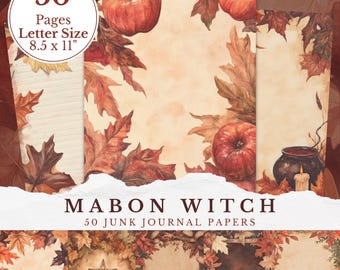 May include: A collection of 50 letter-size (21.6 x 27.9 cm) junk journal papers. The papers feature a watercolor design with apples, autumn leaves, and a cauldron. The text reads "Mabon Witch" and "50 Junk Journal Papers."