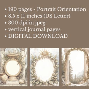 May include: Digital download of vertical journal pages. The image shows three watercolor designs with classical architectural elements, including columns, arches, and decorative frames. The text indicates 190 pages, 8.5 x 11 inches, and 300 dpi.