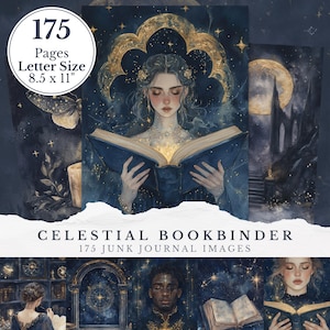Op de afbeelding: Celestial Bookbinder junk journal afbeeldingen. De afbeelding toont een aquarel illustratie van een vrouw die een boek leest met een gouden halo, tegen een sterrenhemel. De tekst luidt "175 Pagina's Letterformaat 21,6 x 27,9 cm".