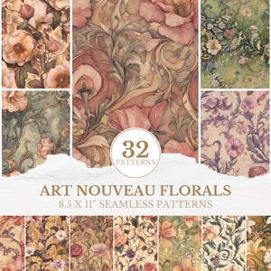 Puede incluir: Una colección de 32 patrones florales Art Nouveau en varios diseños y colores, incluyendo rosa, melocotón y verde. Los patrones miden 21,59 x 27,94 cm y son sin costuras. La imagen presenta una variedad de diseños florales y botánicos.