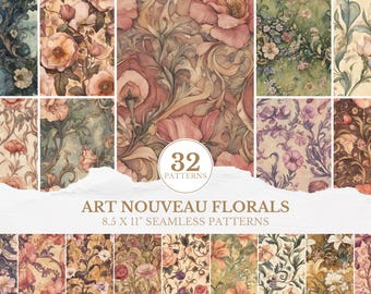 May include: A collection of 32 Art Nouveau floral patterns in various designs and colors, including pink, peach, and green. The patterns are 8.5 x 11 inches and seamless. The image features a variety of floral and botanical designs.