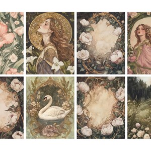 May include: A collection of eight watercolor art prints featuring romantic and botanical themes. The prints showcase floral patterns, portraits of women, and a swan in a decorative frame. The color palette includes soft pinks, greens, and golds.