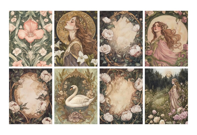 May include: A collection of eight watercolor art prints featuring romantic and botanical themes. The prints showcase floral patterns, portraits of women, and a swan in a decorative frame. The color palette includes soft pinks, greens, and golds.