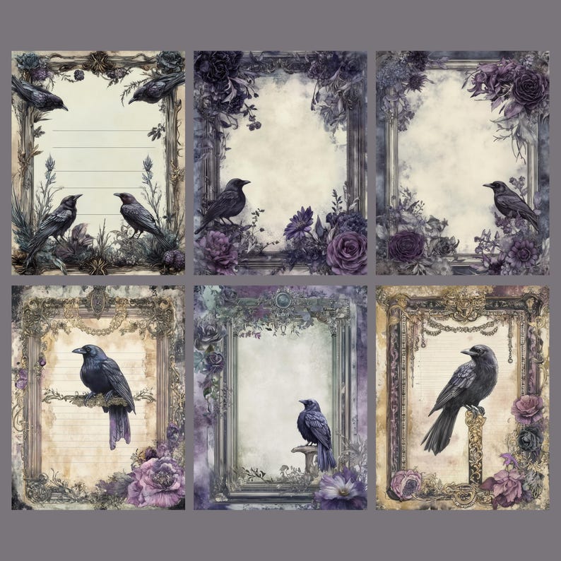 Op de afbeelding: Zes afdrukbare digitale papieren met sierlijke frames met zwarte vogels en paarse bloemen op een aquarel achtergrond.