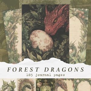 Forest Dragon ongewenste dagboekpagina's, afdrukbare drakenpapieren, middeleeuwse grimoire decoratieve mystieke achtergronden, fantastische fantasie decoupagekit
