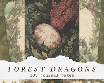 May include: A set of 185 journal pages featuring a red dragon with a green egg in a forest setting. The pages are decorated with illustrations of dragons, eggs, and forest foliage.