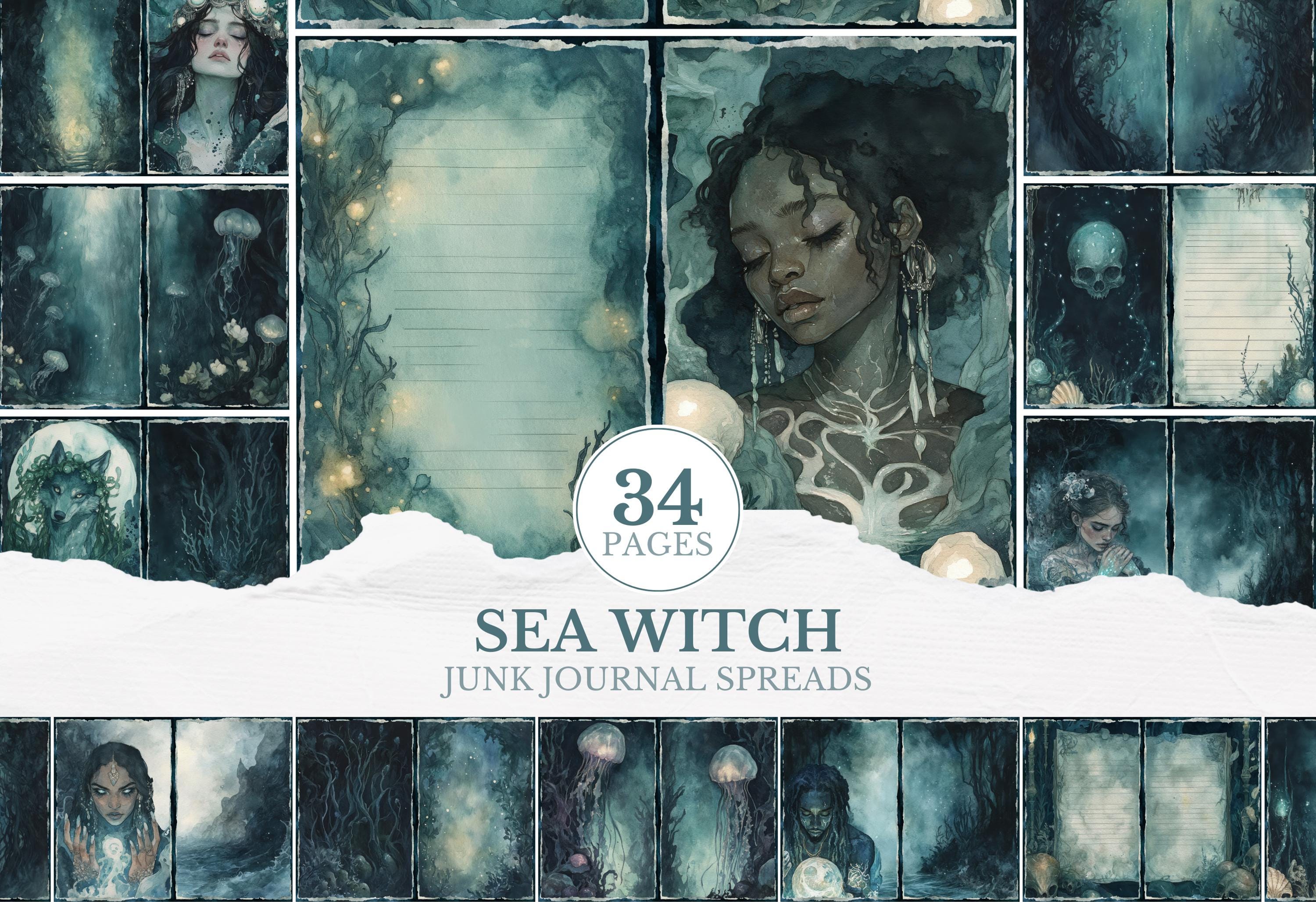 Sea Witch Junk Journal Spreads, Double Page Mermaid Layouts, Ocean ...