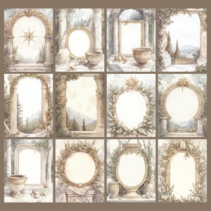 May include: A collection of twelve watercolor illustrations featuring classical architectural elements. Each image showcases arches, columns, and decorative frames, some with blank oval or rectangular spaces. The color palette includes muted greens, browns, and creams, evoking a vintage aesthetic.