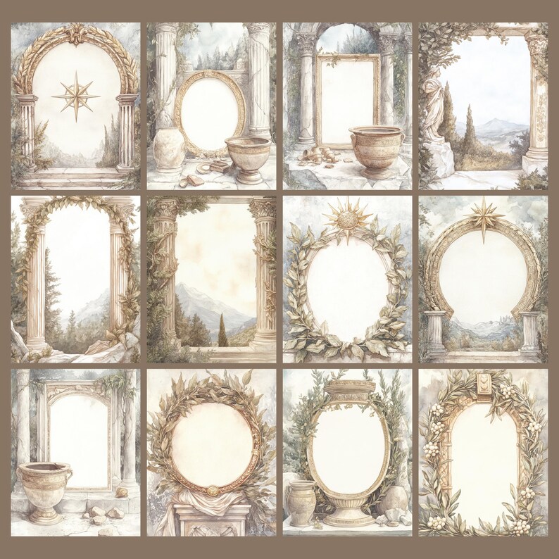 May include: A collection of twelve watercolor illustrations featuring classical architectural elements. Each image showcases arches, columns, and decorative frames, some with blank oval or rectangular spaces. The color palette includes muted greens, browns, and creams, evoking a vintage aesthetic.