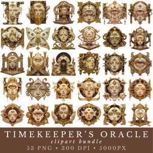 May include: A collection of ornate, gold-toned clipart images featuring stylized human faces with multiple eyes and intricate decorative frames. The text "TIMEKEEPER'S ORACLE clipart bundle" is displayed at the bottom, along with technical details.