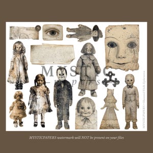 May include: A collection of vintage-style ephemera featuring antique dolls, doll faces, and related elements. The images are in shades of brown and beige, with a distressed, aged appearance. The text "MYSTICPAPERS" is visible.