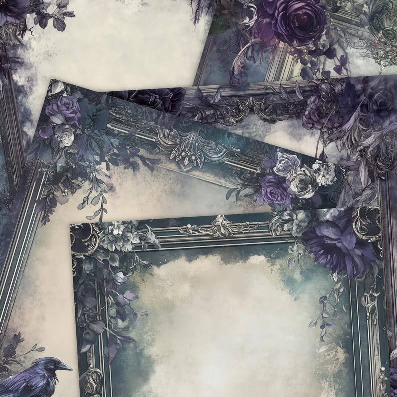 Op de afbeelding: Een digitale kunstprint met een donkere, sombere achtergrond met meerdere geornamenteerde zilveren frames die op elkaar zijn gelegd. De frames zijn versierd met paarse en witte bloemen en een raaf.