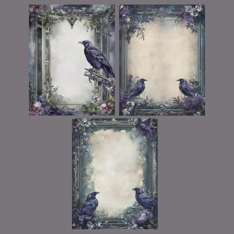 Op de afbeelding: Drie afdrukbare digitale papieren met sierlijke frames in vintage stijl. Elk frame is versierd met paarse bloemen en zwarte vogels. De papieren zijn perfect voor scrapbooking, kaart maken en andere knutselprojecten.