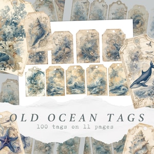 Vintage Ocean Junk Journal Tags, Printable Nautical Ephemera, Sea Life Scrapbook Labels, Antique Marine Paper, Coastal Collage Sheets