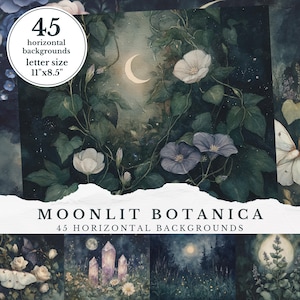 Op de afbeelding: Digitale illustratie met een halve maan, witte en paarse bloemen en weelderig groen gebladerte. De tekst luidt "Moonlit Botanica" en "45 horizontale achtergronden letterformaat 27,9 cm x 21,6 cm".