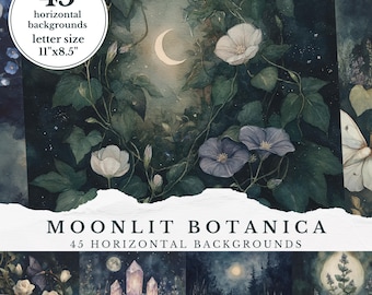 Puede incluir: Ilustración digital con una luna creciente, flores blancas y moradas, y exuberante follaje verde. El texto dice "Moonlit Botanica" y "45 fondos horizontales tamaño carta 27,9 cm x 21,6 cm".
