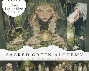 Green Witch Junk Journal Pages, Printable Witchy Ephemera, Digital Grimoire Kit, Nature Scrapbook Paper, Forest Witch Journal Supplies